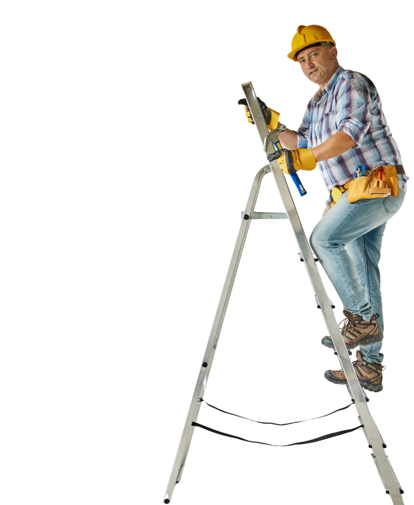 Captain Contractor Pro contractor on ladder working on residential remodeling project